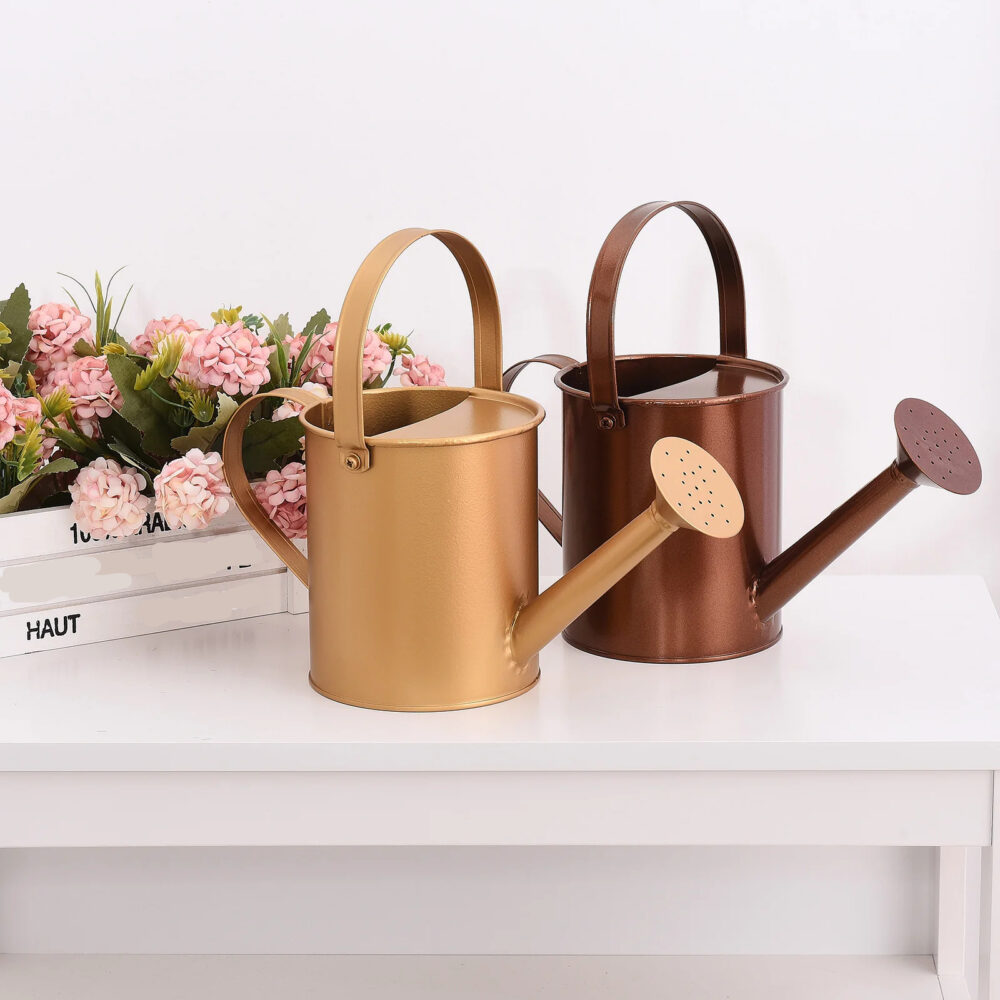 Photo de deux arrosoirs vintage une bronze , un doré, en métal avec deux anses posés sur un meuble blanc et des fleurs roses sont posées derrière eux le fond est blanc