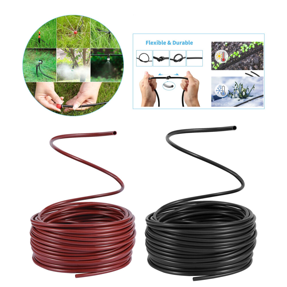 Photo de deux tuyaux d'arrosage roulés un noir et un bordeaux et au dessus trois photos montrant les tuyaux en situation dans un jardin et entre les mains puis encore dans un jardin par temps froid le tout sur un fond blanc