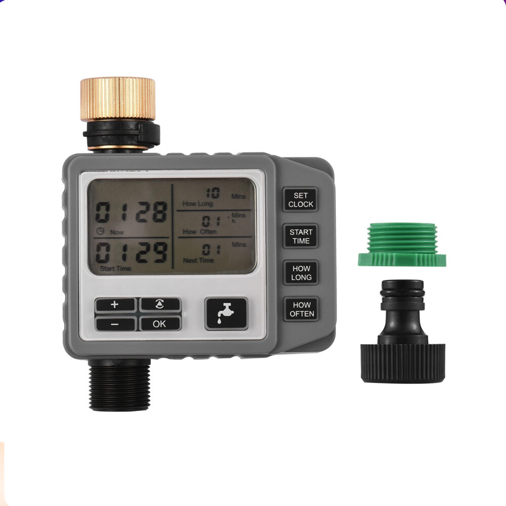 Programmateur d'arrosage automatique sur fond blanc.