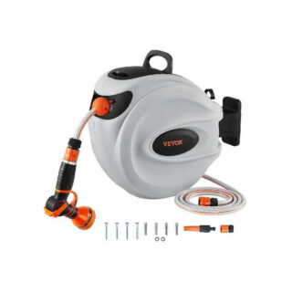 Dévidoir de tuyau d'arrosage blanc et noir, avec un pisttolet orange et noir. Présenté avec les vis, chevilles et embout