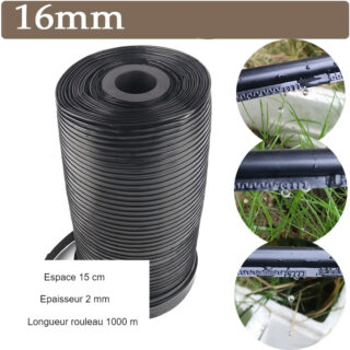 Photo d'un grand rouleau de tuyau d'arrosage goutte-à-goutte 16 mm noir posé debout avec à droite trois bulles le montrant en pleine action dans les jardins le tout sur fond blanc