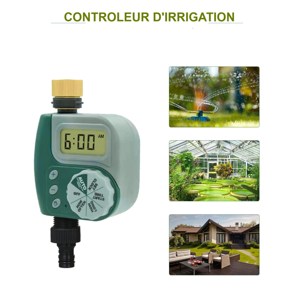Photo d'une minuterie automatique numérique de kit d'arrosage verte avec sur la droite trois miniatures de photos dudit kit en fonctionnement sur le terrain le tout sur un fond blanc