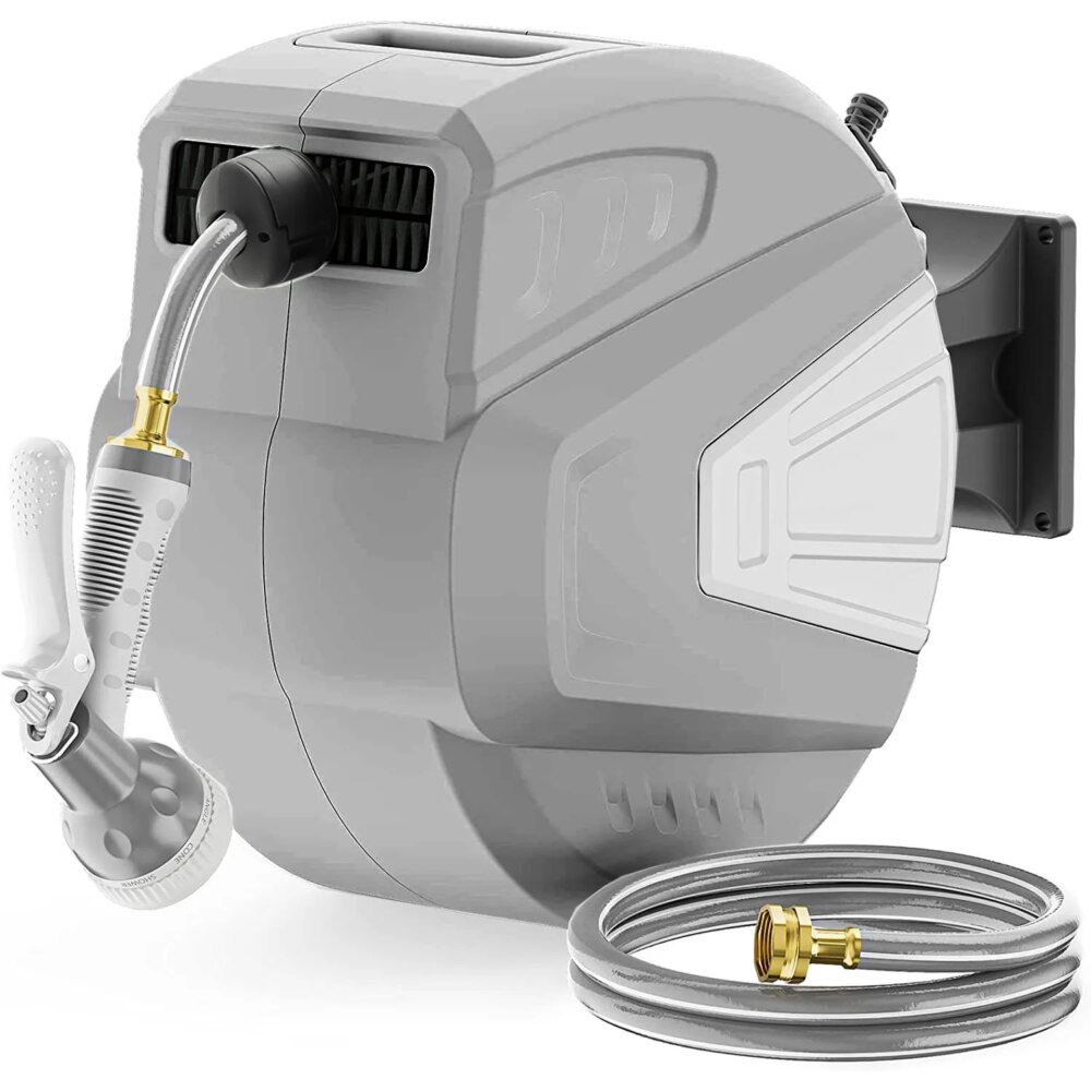 Dévidoir de tuyau d'arrosage avec le pistoletgris et gris clair