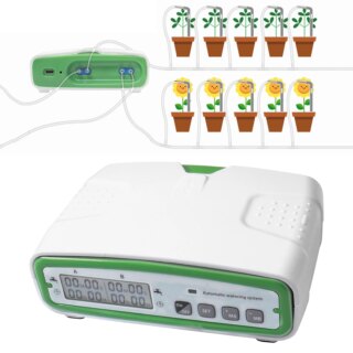 Photo du kit d'arrosage automatique à double pompe l'appareil blanc et vert au premier plan et avec une application directe en haut de l'image avec tuyau reliant des pots de fleurs et plantes, le tout sur un fond blanc