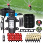 Photo montrant tous les composants de ce kit d'arrosage automatique en 60w avec au dessus deux exemples d'arrosage par goutteurs 8 trous