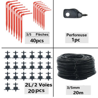 Photo des composants d'un kit d'arrosage goutte-à-goutte à flèches coudées rouges, connecteurs 2 voies, tuyau de 20 m noir et perforeuse noire le tout sur un fond blanc
