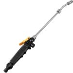 Sur fond blanc, on voit une lance d'arrosage noir et argent.