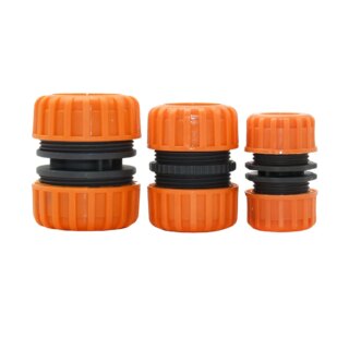 3 raccords de tuyau d'arrosage orange et noir de tailles différentes