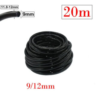 Photo d'un rouleau de tuyau d'arrosage noir goutte-à-goutte 9/12 mm avec en haut à droite 20m en rouge et en haut à gauche la miniature de la coupe avec les diamètres intérieur et extérieur le tout sur fond blanc