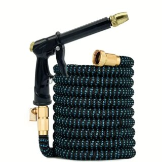 Sur fond blanc, on voit un tuyau d'arrosage noir et doré très chic, avec un pistolet qui ressemble à une lance.