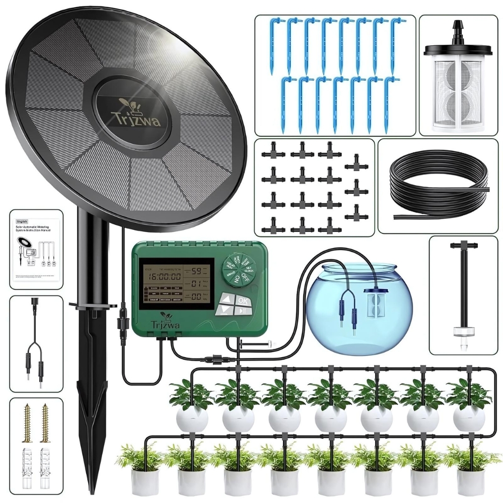 Kit d'arrosage automatique solaire avec panneau solaire circulaire, boitier rectangulaire vert et tous les accessoires fournis.