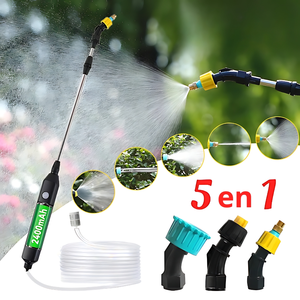 Pulvérisateur de jardin portable avec lance télescopique La partie du haut montre la lance du pulvérisateur en action avec en fond des arbres flous. La partie du bas blanche montre les trois buses différentes avec l'inscription 5 en 1. Entre les deux, 5 bulles montrant les différents jets possibles. Sur la gauche, le pulvérisateur relié au tuyau transparent.